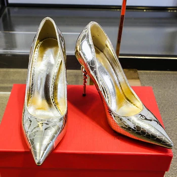 2019 сребърни обувки на висок ток 10 см Женски обувки с остър пръсти сватбени обувки от черното злато метални орнаменти секси обувки