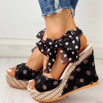 2020Women сандали Dot Bowknot дизайн на платформата Клин женски ежедневни висока Increas обувки, Дамска мода каишка на глезена отворени пръсти сандали