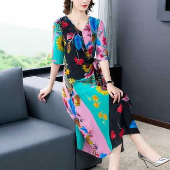 2021 Korea Floral Черница Silk Beach V-образно деколте Midi Summer Dress Vintage Boho 4XL Plus Size сарафан елегантен Bodycon Party Vestido