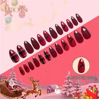 24шт професионални режийни изкуствени нокти Шило пълно покритие на червен дизайн Коледа фалшиви нокти за красота с маникюр деко инструменти