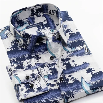 4-цветен мъжки печатна риза 2019 Нова памук ежедневни Хавайски с дълъг ръкав свободни мъжки ризи марка плюс размер 7XL 8XL 9XL 10XL