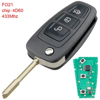 433Mhz 3 бутона Flip Remote Car Key Fob с чип 4D60 и острие F021 са подходящи и за Ford / Focus / Mk1 / Mondeo