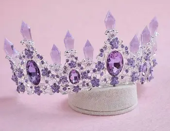 7 см висока короната лилаво Crystal Сватба парти конкурс за абитуриентски бал диадема обици набор шнола за косата на булката аксесоари жени