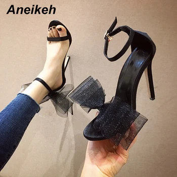 Aneikeh лятна мода бяла коприна пеперуда-възел открит чорап високи токчета, сандали жени обтегач на ремъка назад помпи Сватба парти обувки
