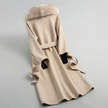 AYUNSUE вълна палто жени натурален Лисича кожа яка дълги, тънки вълнени палта с колан Есен-Зима дамско яке 2020 JH17196