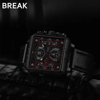 BREAK Men Luxury Fashion Casual Dial Square ръчен часовник Кварцов спортни с хронограф водоустойчив календар и часовник със светещи