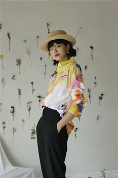 CHEERART дизайнер есен 2020 жени блуза с дълъг ръкав бутон нагоре яка на ризата бял памук мода голям принт блуза облекло