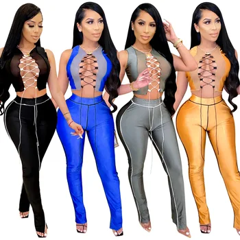 Cutubly Секси мрежести Women ' s Sets Solid Two Piece Set Criss-cross Lace Up Crop Върховете Pants Set Party Club Outfits Women Tracksuit
