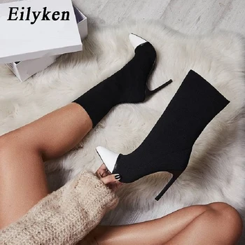 Eilyken 2021 New Women Stretch Fabric Sock Ботуши Остър Чорап Разтеглив Високи Ботуши Slip On High Heel Ботильоны Женски Помпи Botas