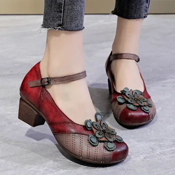 GKTINOO 2020 Vintage жени помпи удобни естествена кожа обувки на висок ток жените през цялата чорап ежедневни дебели токчета една обувки