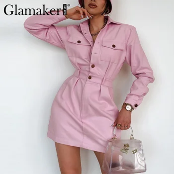 Glamaker Pink E-girl buttons всекидневното пряко рокля мода елегантен джобен инструмент стил къса рокля дамски зима есен vestido