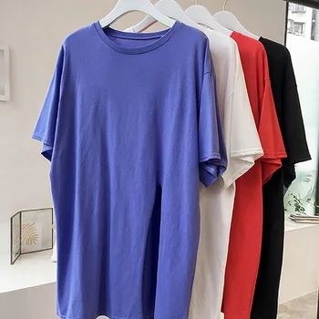 Harajuku Summer Губим Casual Tshirt Women Дамски Блузи С Къс Ръкав Тениски Тениски Страничен Разрез На Tumblr Soild Color Basic T-Shirt
