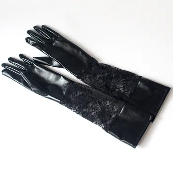 Helisopus Секси Дантела Faux Leather мозайка дълги ръкавици дами черно пълен пръст етикет Performance Party ръкавици cosplay