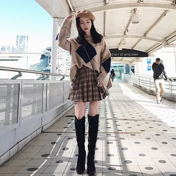 ICHOIX клетчатая мини пола комплект от 2 части на дамски зимни дрехи вязаный пуловер тоалети от две части-casual студентски корейски комплект от 2 части