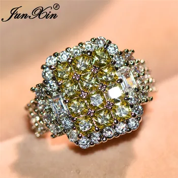 JUNXIN луксозна инкрустация пълен камък големи квадратни пръстени за жени сребърен цвят е жълт циркон камък на раждане Женски венчален пръстен любовник подаръци