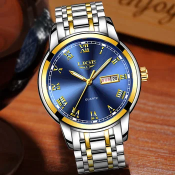 LIGE Luxury Brand Men Stainless Steel Gold Watch Мъжки кварцов часовник Man Sports водоустойчив часовник relogio masculino+Box