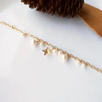 Lii Джи сладководни перли бели перли верижна гривна US 14К GF Star Чар 925 сребро 18K gold цвят на верижна гривна