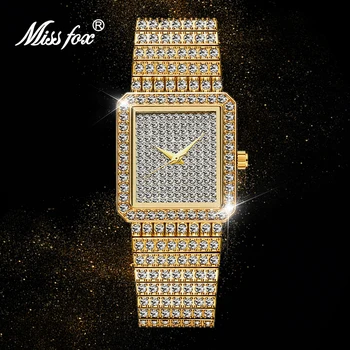 MISSFOX дамски часовници злато пълен диаманти луксозна марка квадратен гривна популярни часовници водоустойчив кварцов мъжки часовник за подарък