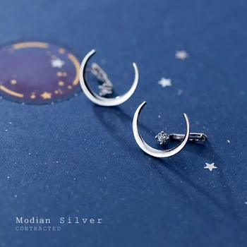 Modian Luxury Moon Silver Бижута За Жени, Класически Полумесец Прозрачен Циркон Елегантен 925 Сребро Модни Обеци Розово
