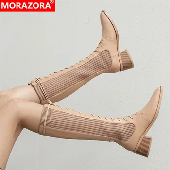 MORAZORA нов пристигане дамски ботуши на високо качество на зимата коляното ботуши мода стягам черен цвят кайсия дамски обувки