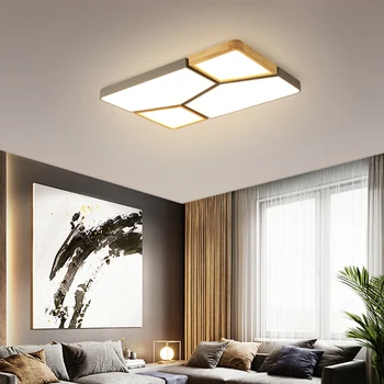 Nordic LED правоъгълен Димиране тавана лампа модерна дървена квадратен тавана лампа за дневна Кухня, Детска Спалня