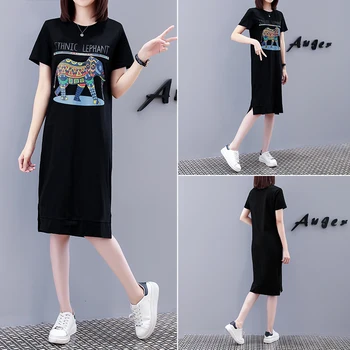 Oneimirry Summer Elephant Printed Women Plus Size Black Dress Short Sleeve Casual Pullover Dresses Womens Cotton Korean Clothes