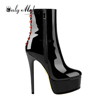 Onlymaker дамски платформа лачена кожа на висок ток глезена обувки през цялата стелката на обувки на висок ток модни ботуши, плюс голям е размерът на US5~15