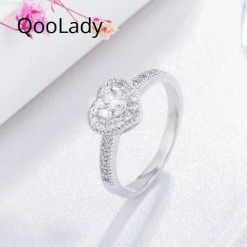 QooLady нова мода любов форма на сърце кубичен Циркон Кристал сладък годежен пръстен за жени Дами Свети Валентин подарък бижута F045