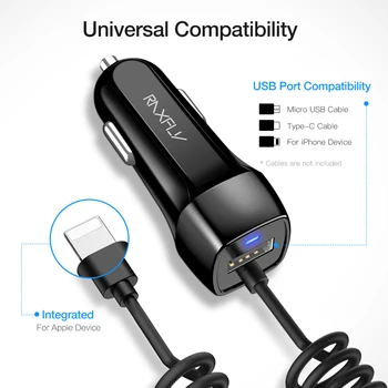 RAXFLY USB Car Charger With Micro USB Type C Lighting Cable Car Charging For iPhone X XR XSMax Car USB Adapter For Samsung S8 S9