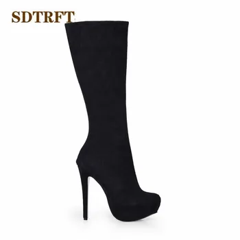 SDTRFT пролет есен Шило мода botas mujer 14 см тънки токчета коляното ботуши Секси Crossdress обувки жена платформа помпи