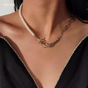 Shixin асиметрия перлени мъниста късо колие Колие за жени сребърен цвят верига със звезди / писмо колиета с висулки 2020 мода