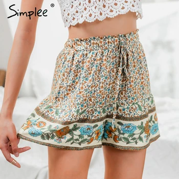 Simplee Бохемска floral print shorts women High waist еластични lace up дамски ежедневни панталони летни плажни женски празнични къси панталони