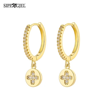SIPENGJEL мода Cz Crystal геометричен кръг златен обръч обеци корейски стил четири листа сладки обеци за жени, бижута 2020