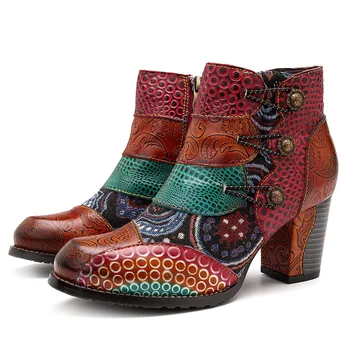 Socofy Vintage Splicing Printed Ботильоны За Жени, Дамски Обувки Естествена Кожа Ретро Блок Високи Токчета За Дамски Ботуши 2020
