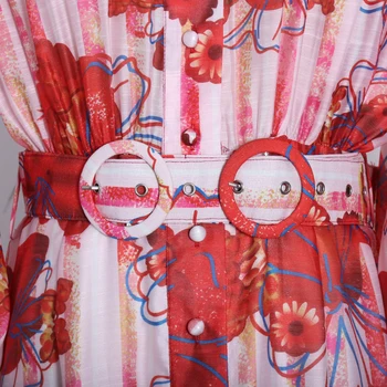 TWOTWINSTYLE Hit Color Printed Midi Dress For Women щанд яка фенер ръкав Висока Талия богемные рокли дамски Модни