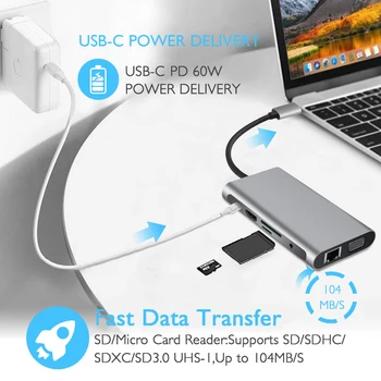 Type-C to RJ-45 Gigabit Ethernet Lan, HDMI 4K VGA адаптер за SD TF Card Reader, USB-C USB 3.0 аудио за MacBook Samsung Thunderbolt 3