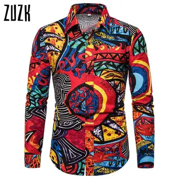 ZUZK нови мъжете памук бельо сенници ежедневни ризи мода с дълъг ръкав цветни печатни риза M-5XL