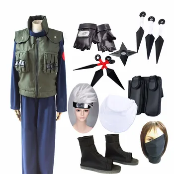 Аниме Наруто Хатаке Какаши cosplay костюм Делукс пълен комплект Хелоуин костюм, перука + обувки+превръзка на главата + крака & поясная чанта + маска + ръкавици + оръжие