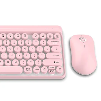 Безжична клавиатура и мишка комплект 2.4 Ghz безжична сладък ретро кръгли бутони на капака на клавиатурата и ергономична мишка Combo