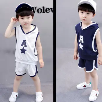 Годишният хлопчатобумажный страхотен детски дрешки с къс ръкав за момче Fashion star Print T shirt + обикновена панталони two pieces Baby Clothes Set For Boy