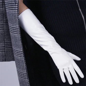 Дамски лачени дълги ръкавици с дължина 70 см Лакът имитативната кожа изкуствена кожа ръкавици огледално блестяща кожа ярко бял TB73