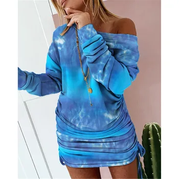 Дамски модни Tie-dye Printed Drawstring Ruched Off Shoulder Long Sleeve Party Club Облечи Секси Sweatshirt Mini Dress Vestidos#g3