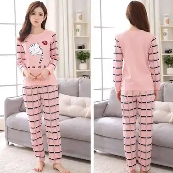 дамски пижами набор от сладък картун печат дами с дълги ръкави и панталони в свободното време, дрехи, комплекти голям размер удобни пижами костюм мм