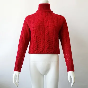 Дамски съкратен пуловери с високо воротом есенна мода тънки съкратен скок пуловер женски монофонични кратък трикотаж пуловер и пуловери