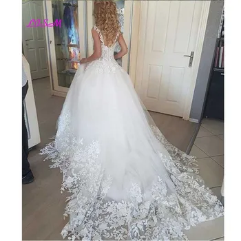 Дантелени апликации сватбена рокля, Секси Robe de soiree скъпа бална рокля разгъвка на влак сватба рокли с високо качество сватбени рокли 2021