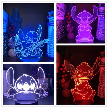 Дисни Картун 3D Лампа Lilo Stitch Action Figure LED Night Light Аниме Acrylic 7 Color Change Table Light Начало Декор на децата подаръци