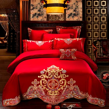 Египетският памук луксозен, червен китайски сватбен комплект легла King Queen size премия бродерия комплект спално бельо, пухени комплект чаршаф