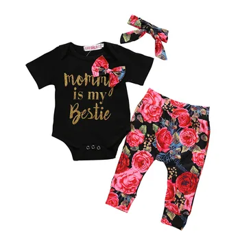 Есен Baby Boy Girls Гащеризон Clothes Sets Toddle Newborn Outfits Letter Гащеризон+цветни панталони+лента за коса Set roupa infantil HOOLER