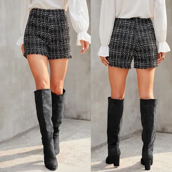 Есента и зимата са нови вълнени шорти с висока талия каре модни тънки широки ежедневни дамски шорти на дължината на краката Essential