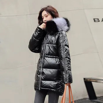 Зимата гланцово Женски памучни палто със средна дължина, с много кожа яка с качулка, дебела стеганая яке свободното си топло палто плюс размер на парка bc20